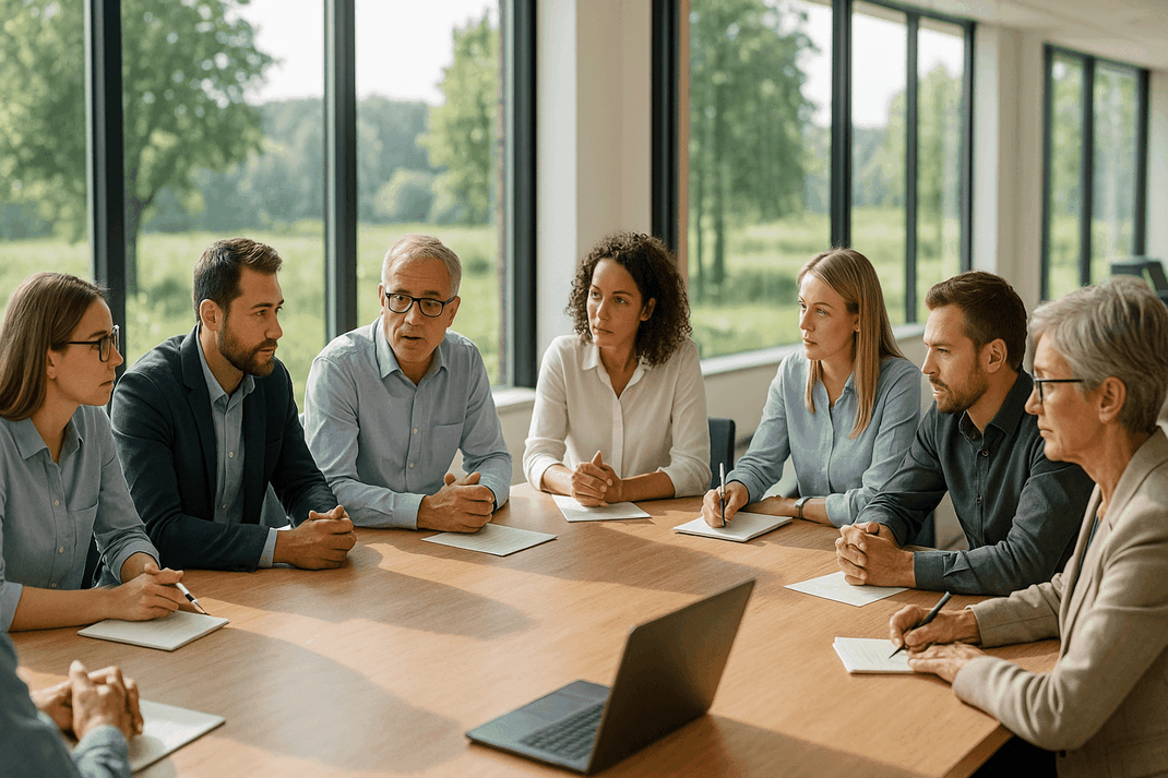 Mehrere Fach- und Führungskräfte besprechen gemeinsam die Planung eines Teambuilding-Events in einem hellen Tagungsraum mit Blick ins Grüne.