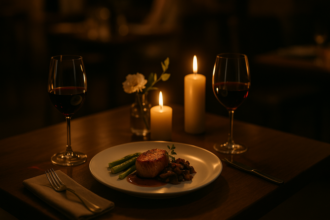 Teller mit einem Gericht steht auf einem Tisch neben zwei Gläsern Rotwein und Kerzenlicht in dunkler Atmosphäre.
