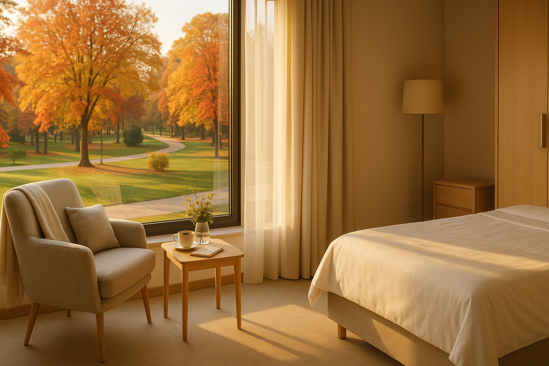 Helles Hotelzimmer mit gemütlichem Sessel und großem Fensterblick auf herbstliche Parklandschaft – Aufenthalt im Parkhotel Schillerhain in der Pfalz.