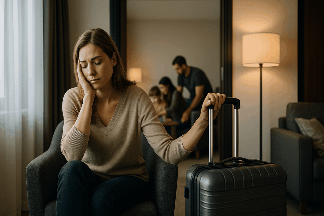 Erschöpfte Frau sitzt mit einem Reisekoffer im Hotelzimmer, während ihre Familie im Hintergrund beschäftigt ist.