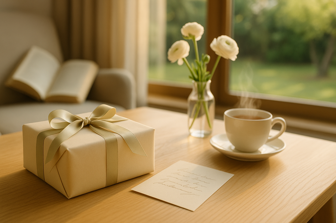Liebevoll verpacktes Geschenk mit Karte und Kaffeetasse am Fenster – Gutscheinidee für eine Auszeit im Parkhotel Schillerhain.
