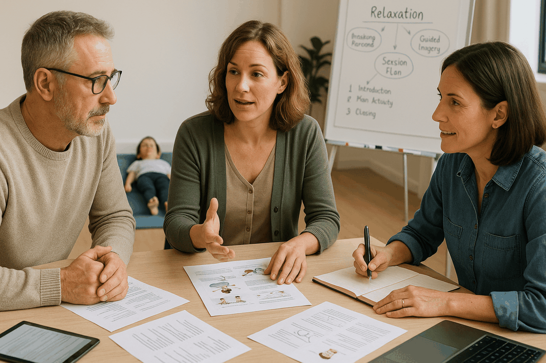 Zwei Pädagogen besprechen Kurskonzepte und Stundenbilder mit Notizen und Materialien an modernem Tisch, helles Klassenzimmer mit professioneller Atmosphäre, konzentrierter Fachaustausch.