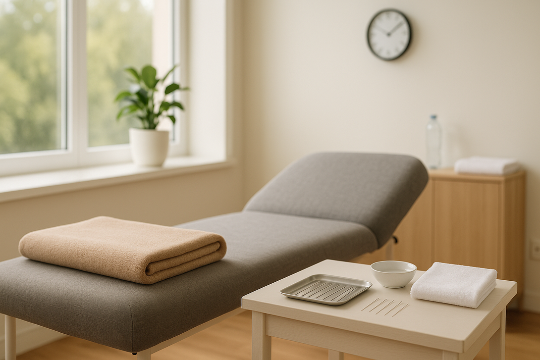 Heller Raum mit Behandlungsliege, gefaltetem Handtuch, kleinem Tisch mit Schale und Metallablage sowie Pflanze am Fenster.