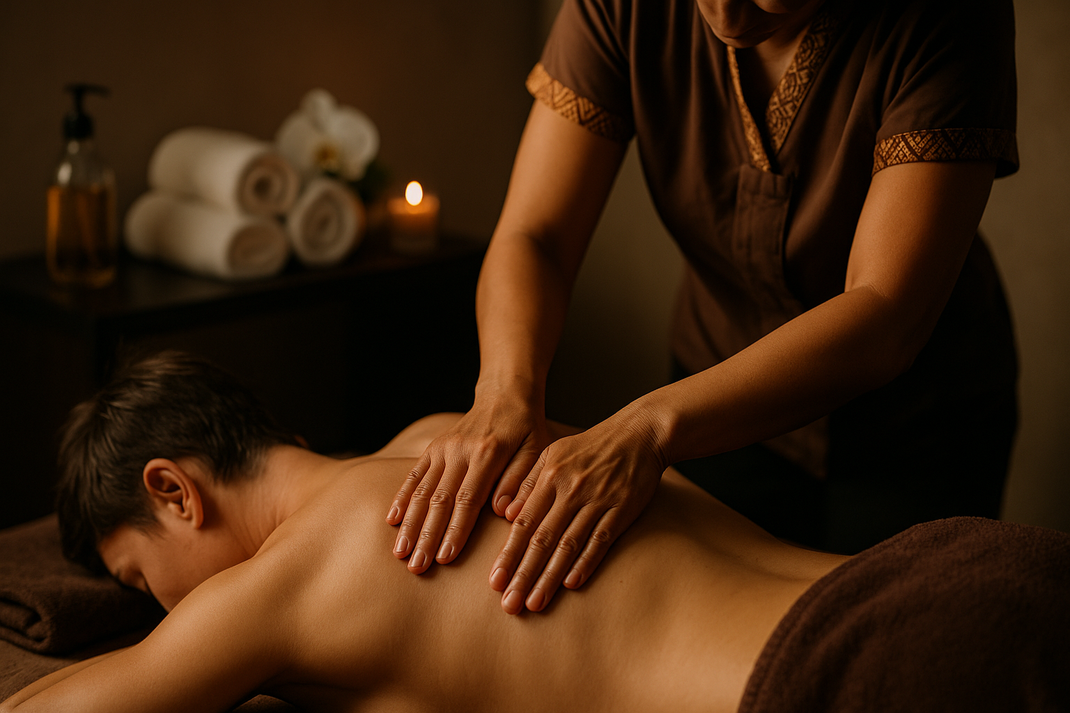 Person liegt auf einer Massageliege, während ein Therapeut den Rücken mit beiden Händen massiert.
