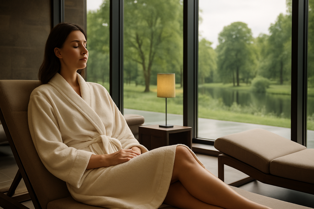Entspannte Frau in hochwertigem Bademantel genießt Ruhe in einem modernen, privaten Wellnessbereich mit Panoramablick ins Grüne.