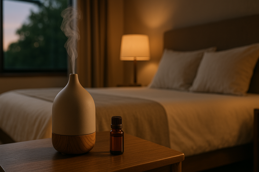 Eleganter Aroma-Diffusor aus Holz auf einem Nachttisch in einem ruhigen minimalistischen Hotelzimmer mit warmer Abendbeleuchtung und offenem Fenster zur Natur für Entspannung nach einem Workshop-Tag