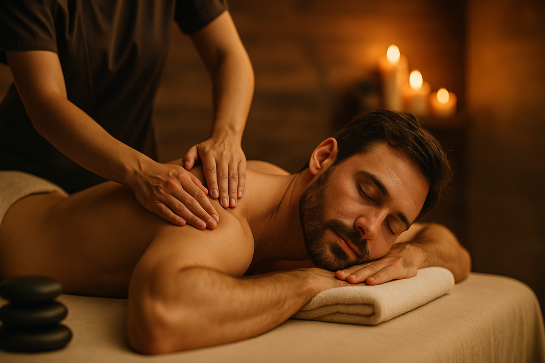 Mann bei Entspannungsanwendung, ruhige Spa-Atmosphäre, Massage oder Wellness-Behandlung, warme Beleuchtung, entspannte Gesichtsausdrücke, professionelle therapeutische Umgebung