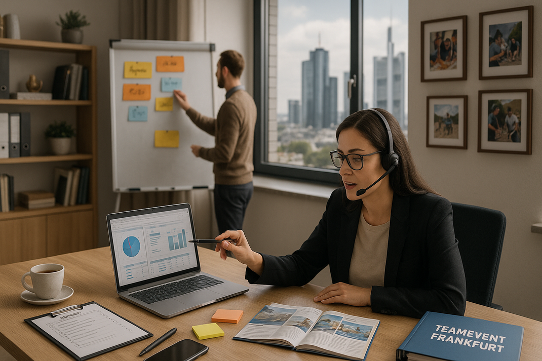 Frau mit Headset erklärt am Laptop Kennzahlen und Diagramme im Büro, im Hintergrund Flipchart und Skyline-Blick.