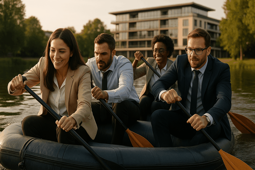 Vier Geschäftsleute paddeln gemeinsam in einem Schlauchboot bei einer Teambuilding-Aktivität vor einem modernen Hotel.