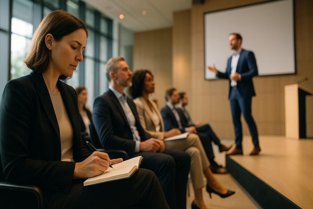 Geschäftsführer und Entscheidungsträger sitzen in einem modernen Konferenzraum, folgen konzentriert einem Vortrag und machen sich Notizen zu Marketing-Strategien und aktuellen Trends.