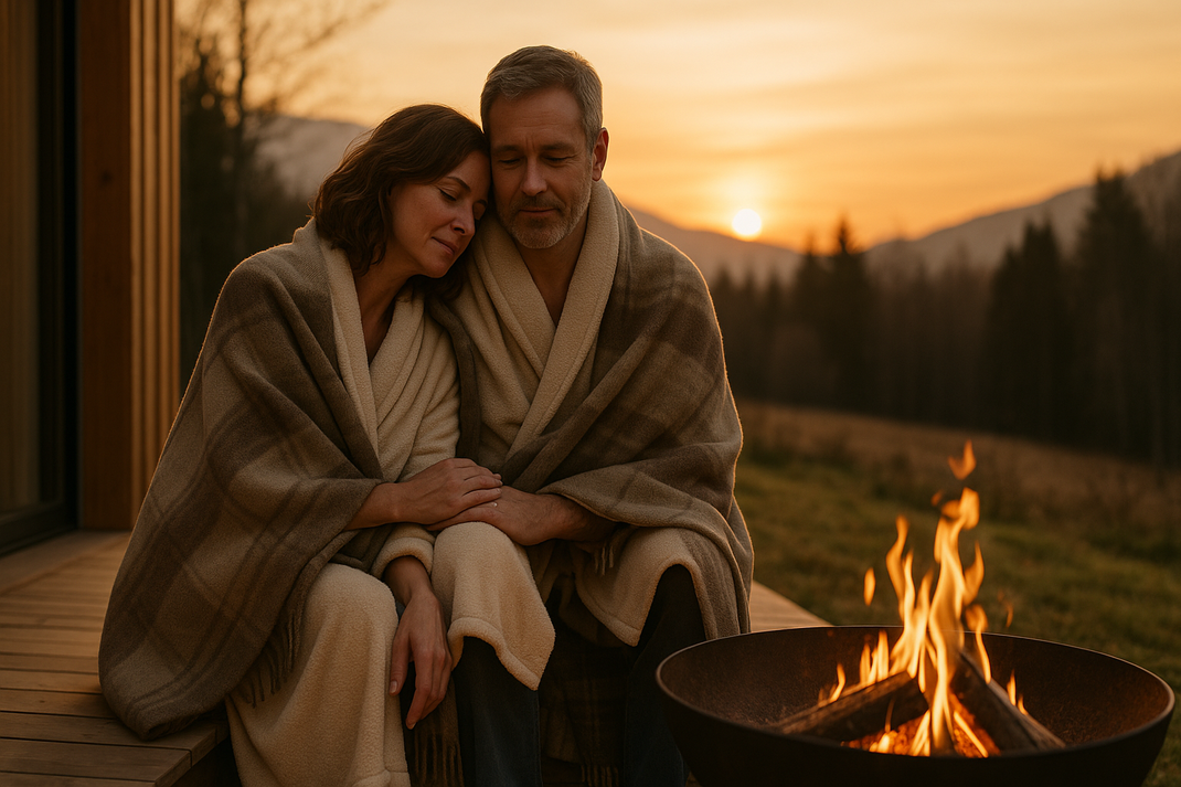 Paar mittleren Alters in warmen Bademänteln auf Holzterrasse bei Abendsonne mit Waldkulisse und Bergen im Hintergrund ohne Pool ruhige naturnahe Wellness-Atmosphäre zum Valentinstag
