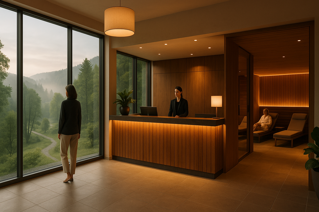 Empfangsbereich eines Wellnessbereichs mit Rezeption, großer Fensterfront mit Blick ins Grüne und Ruheliegen im Hintergrund.