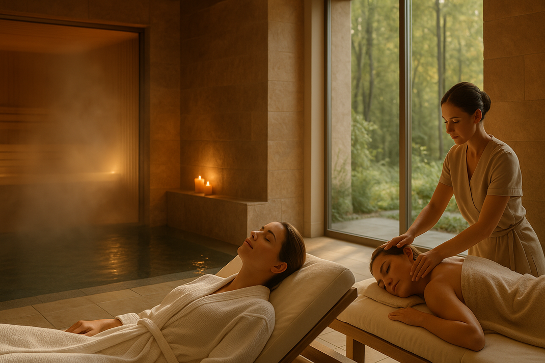 Luxuriöser Wellness-Spa-Raum mit gedimmtem, warmem Licht, Person entspannt auf Liege, Dampfbad und Saunabereich sichtbar, Natur im Hintergrund, tiefe Entspannung