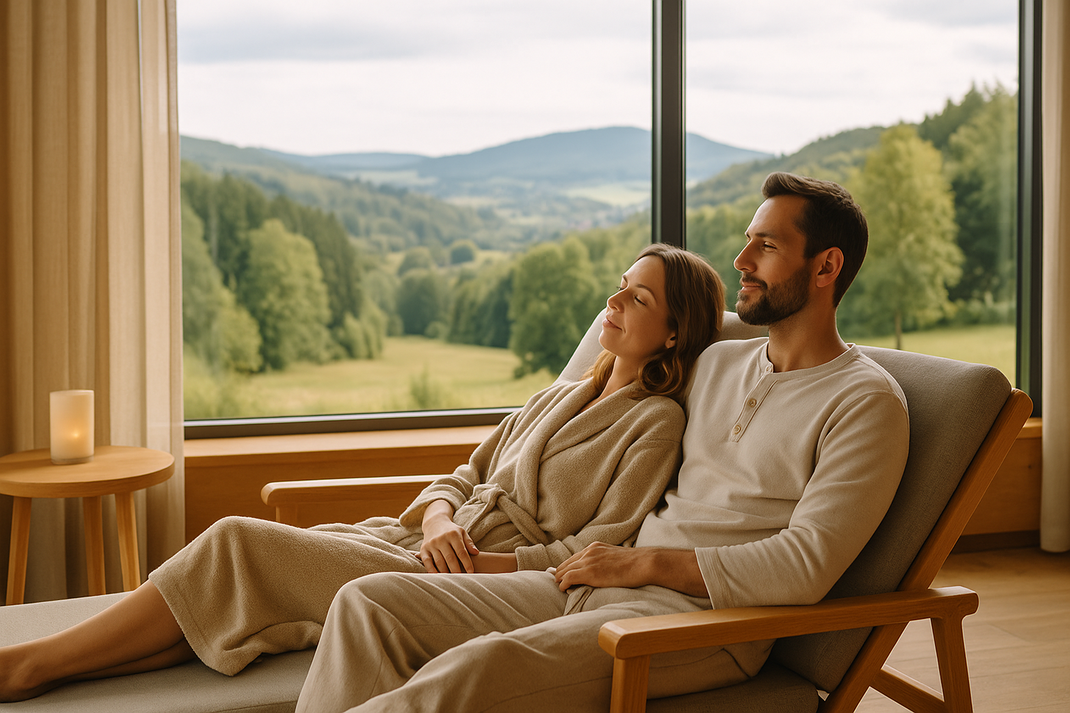 Paar entspannt gemeinsam auf einer Liege vor großem Fenster mit Blick auf eine grüne Landschaft.