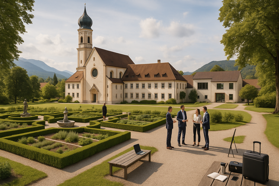 Geschäftsmeeting im Klostergarten: vier Personen sprechen vor einem Klostergebäude, mit Laptop und Reisegepäck im Vordergrund.