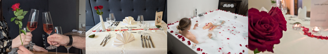 Collage für ein Romantik Wochenende: Anstoßen mit Wein, festlich gedeckter Tisch, Rosenbad in der Wanne und rote Rose als Detail im Parkhotel Schillerhain.
