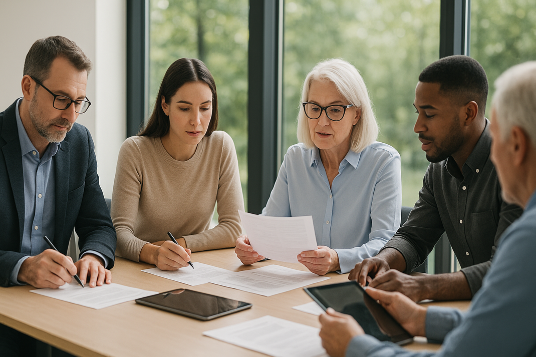 Team aus verschiedenen Personen arbeitet konzentriert an gemeinsamer Aufgabe in modernem, hellem Raum mit natürlichem Licht, symbolisiert professionelle Teamarbeit.
