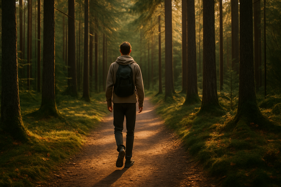 Person mit Rucksack geht auf einem schmalen Waldweg durch einen dichten, von Sonnenlicht durchfluteten Wald.