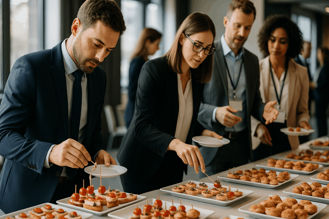 Geschäftsleute wählen Fingerfood und kleine Snacks an einem Catering-Buffet während einer Tagung aus.