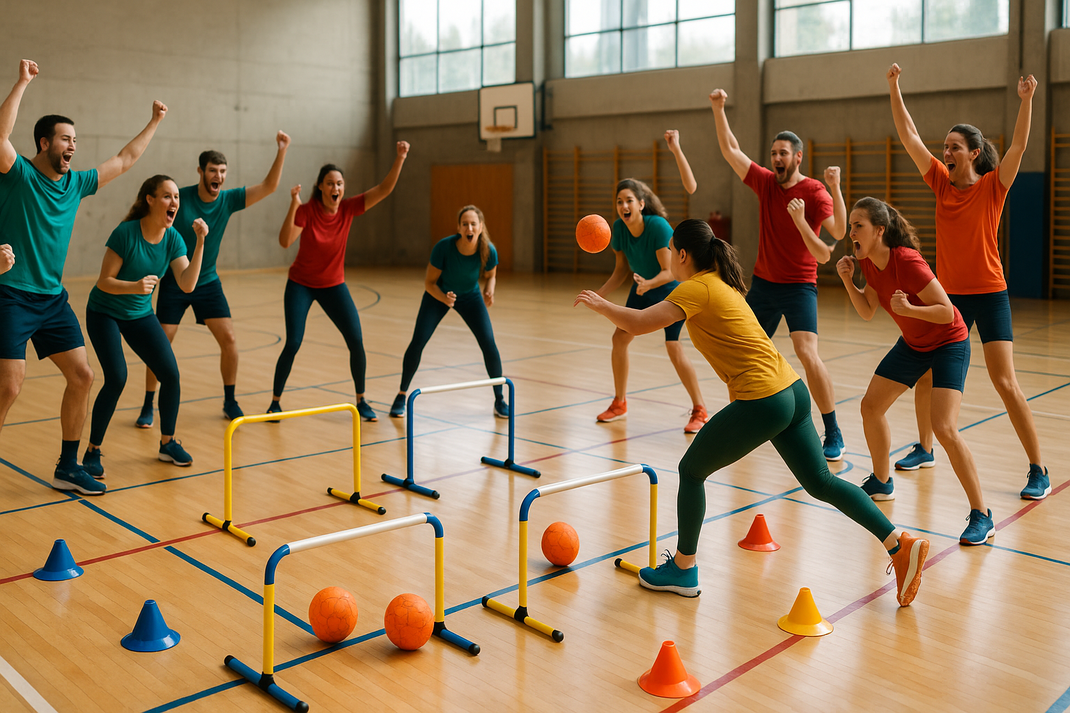 Gruppe von Menschen spielt in einer Sporthalle ein Ballspiel mit Hindernissen und jubelt gemeinsam.
