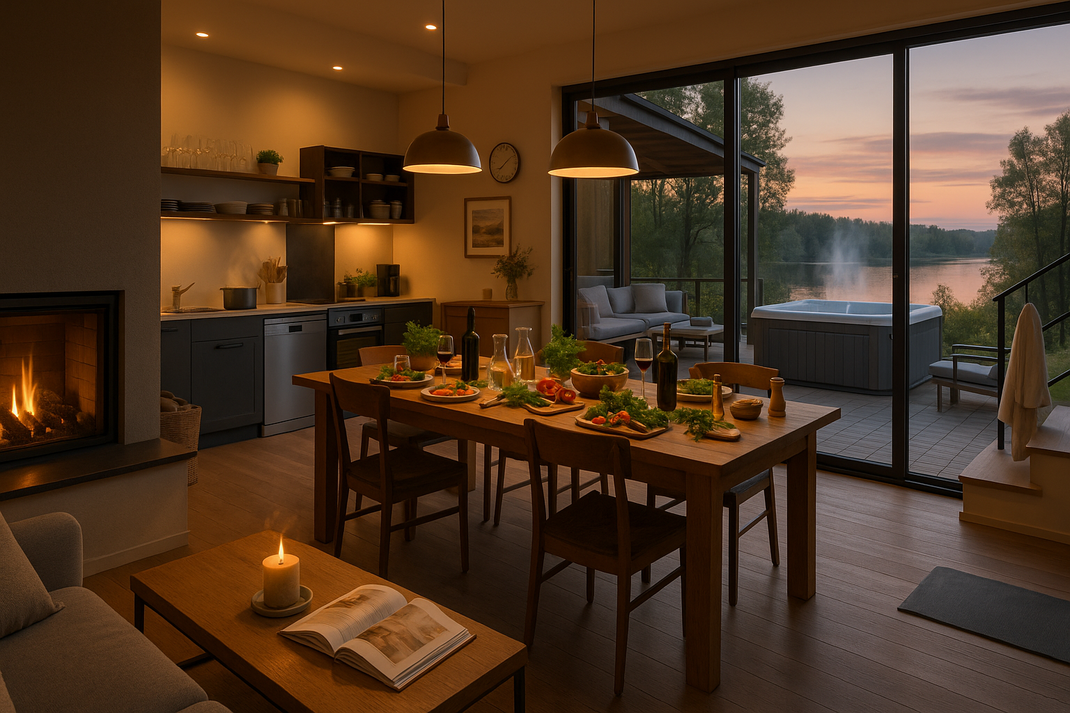 Gemütlicher Wohn- und Essbereich mit Küche und Kamin; gedeckter Tisch am Abend, draußen dampft ein Whirlpool mit Blick auf den See.