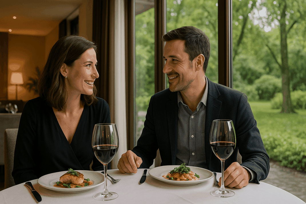 Paar genießt bei einem romantischen Abendessen mit Wein eine gemeinsame Auszeit im Hotelrestaurant.