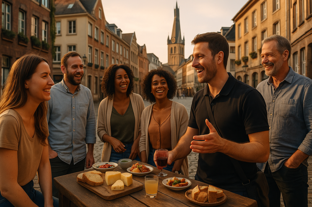 Entspanntes Team bei kulinarischer Stadtführung in Düsseldorfer Altstadt, lokale Spezialitäten auf rustikalem Holztisch, historische Fassaden und Kopfsteinpflaster, natürliches Licht, authentisch