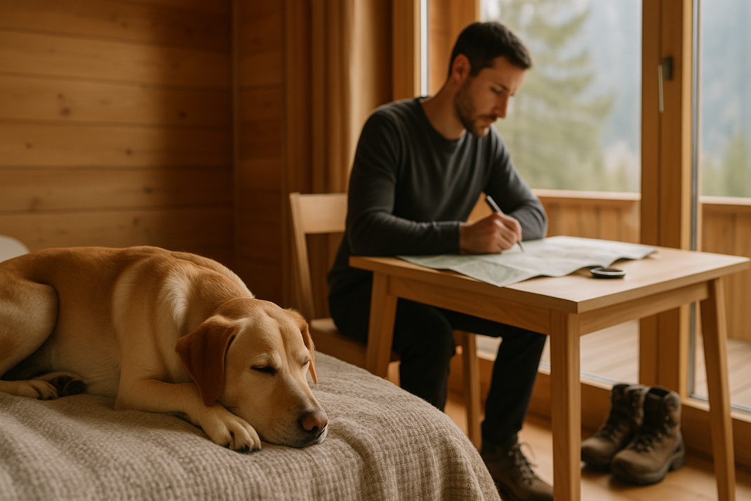 Hund schläft auf einem Bett, während eine Person an einem Tisch in einem Holzraum schreibt.