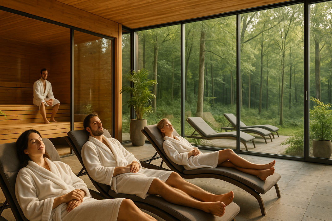 Moderne Wellnessanlage mit Holzsauna und großzügigen Ruhebereichen, Gäste in weißen Bademänteln entspannen auf Liegen, natürliches Tageslicht durch bodentiefe Fenster mit Waldblick, warme Holzarchitektur mit Glasfronten, friedliche Atmosphäre