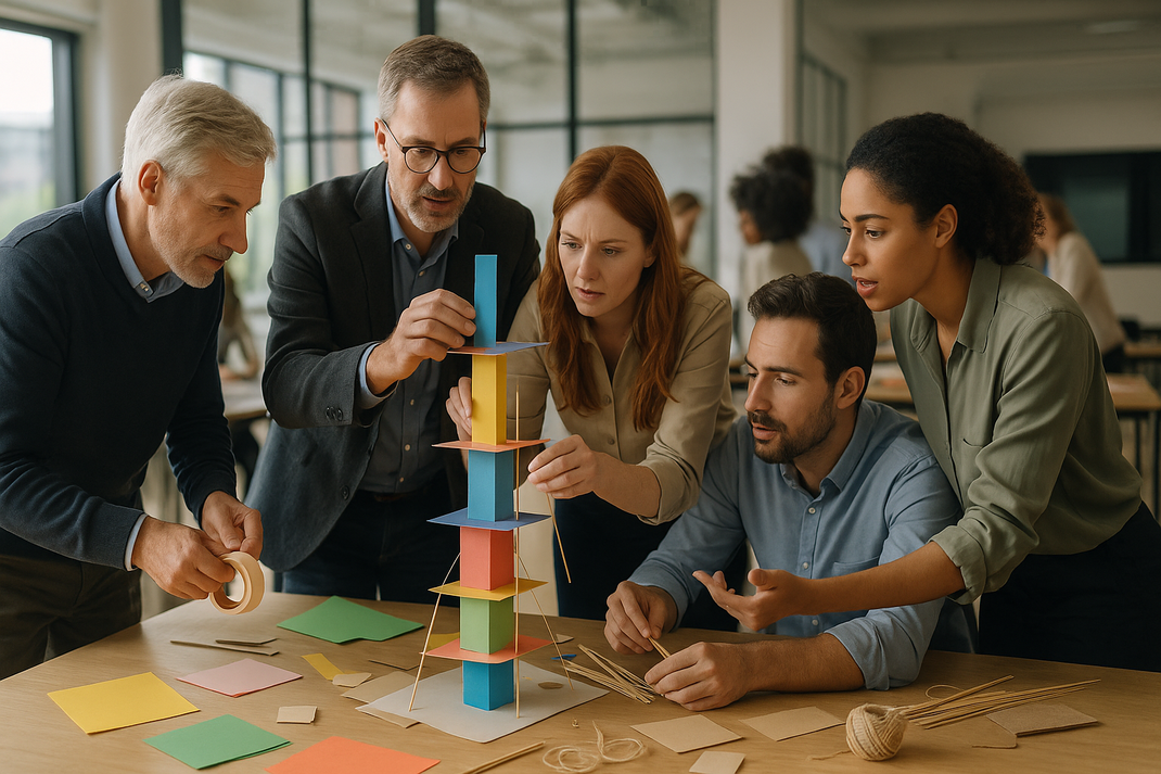 Team arbeitet gemeinsam an einem hohen Turm aus Papier, Holzstäbchen und Klebeband auf einem Tisch.