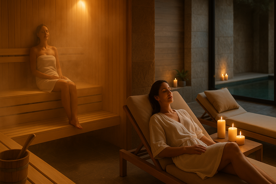 Gemütliche Wellness-Szene mit Spa-Bereich, warmes Licht, Saunabereich mit Holz, Ruhezone mit Liegen in naturnaher, stiller Atmosphäre