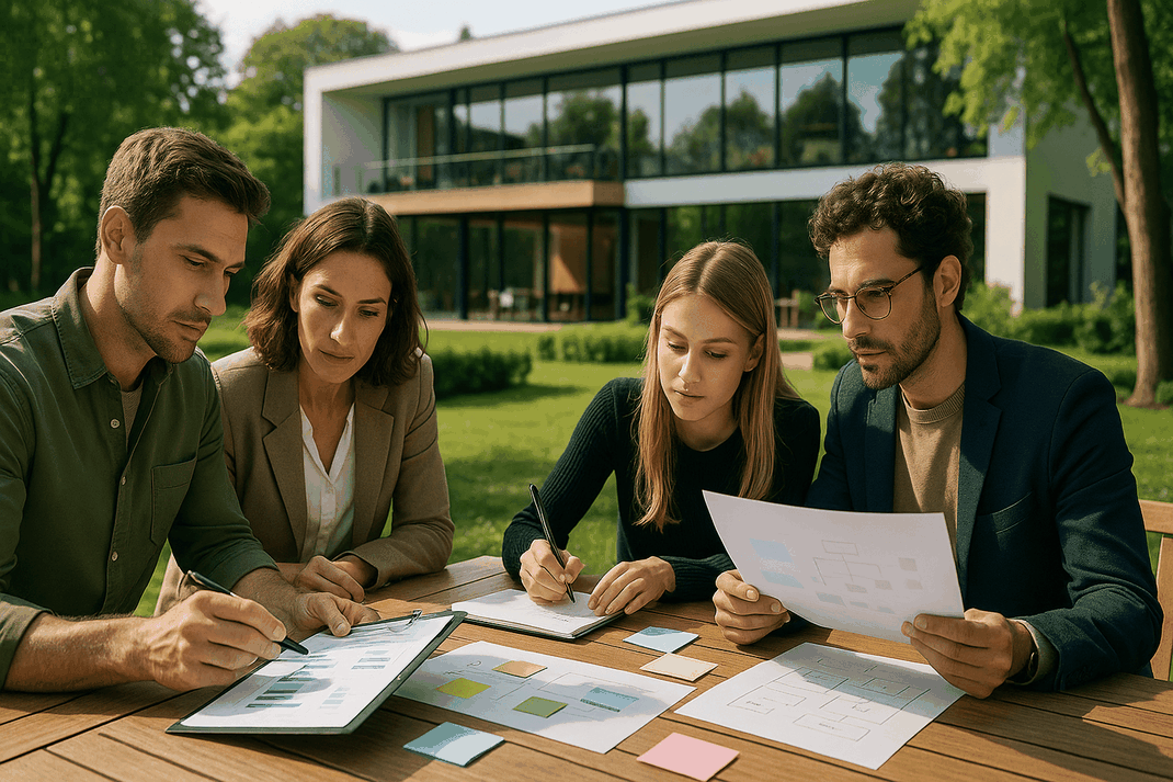 Vier Teammitglieder planen bei einem Outdoor-Workshop vor einem modernen Tagungshotel gemeinsam den Bau eines Floßes.