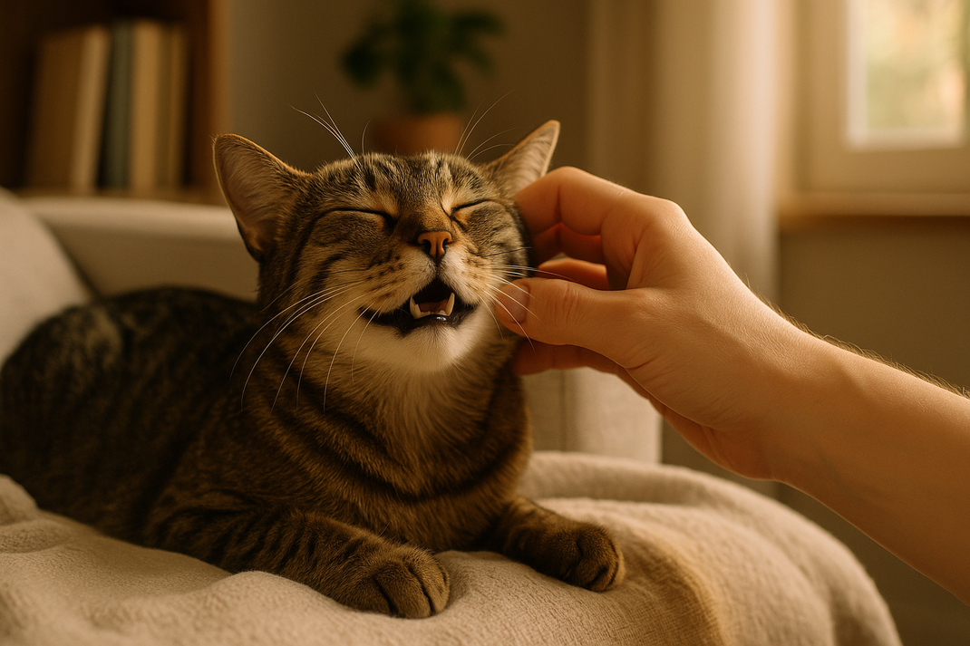 Getigerte Katze liegt entspannt auf einer Decke und wird am Kopf gestreichelt, Augen geschlossen und Schnurrhaare sichtbar