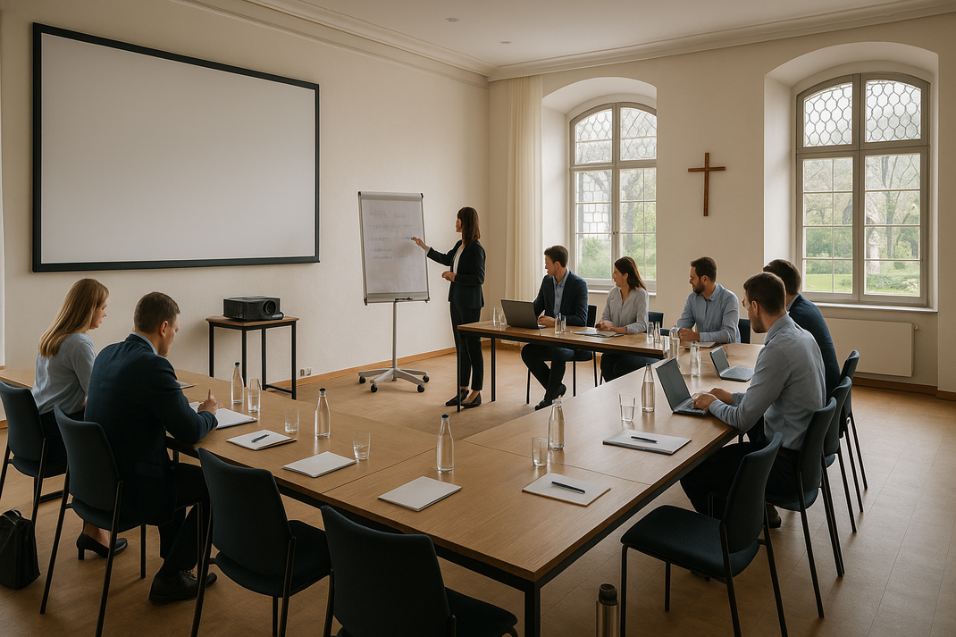 Tagungsraum im Kloster: Workshop mit Präsentation am Flipchart, Teilnehmende an Tischen mit Laptops und großer Leinwand an der Wand.