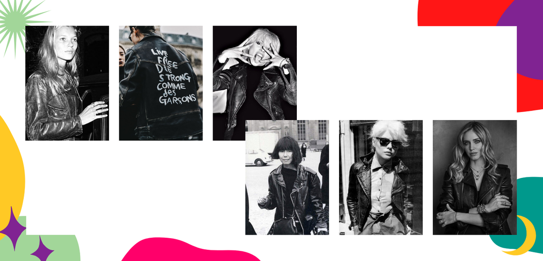 Kate Moss en perfecto dans les 90's, Veste en cuir Comme des Graçons, Rei Kawakubo en perfecto, Blondie, Deborah Harry, Chiara Ferragni.