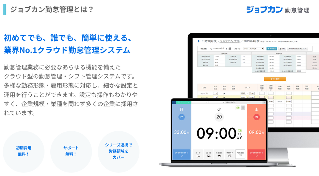 クラウド型勤怠管理システム「ジョブカン勤怠管理」の管理画面と打刻画面のイメージ