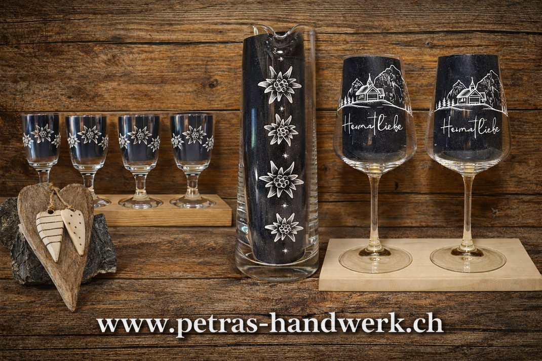 Glasgravuren / Gravierte Kaffeegläser Edelweiss / Gravierte Krug Edelweiss / Weingläser graviert 2 er Set www.petras-handwerk.ch