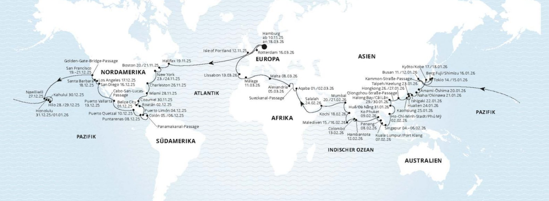 Weltreise 2025-2026 Landkarte mit Route & Anlaufhäfen während der AIDAdiva Weltreise 2025/26