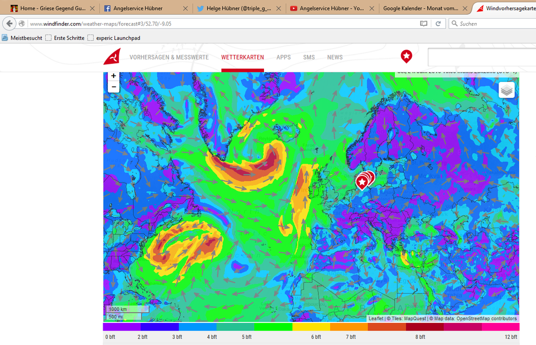 2 Sturmtiefs rollen auf Europa zu. Wetterkarte bei windfinder. Angeln unmöglich