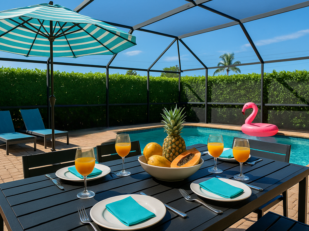 Bonita Beach Villa – sunny patio with private pool, outdoor dining area and tropical flair in Bonita Springs, Florida – ideal for families, couples and long-term vacationers.