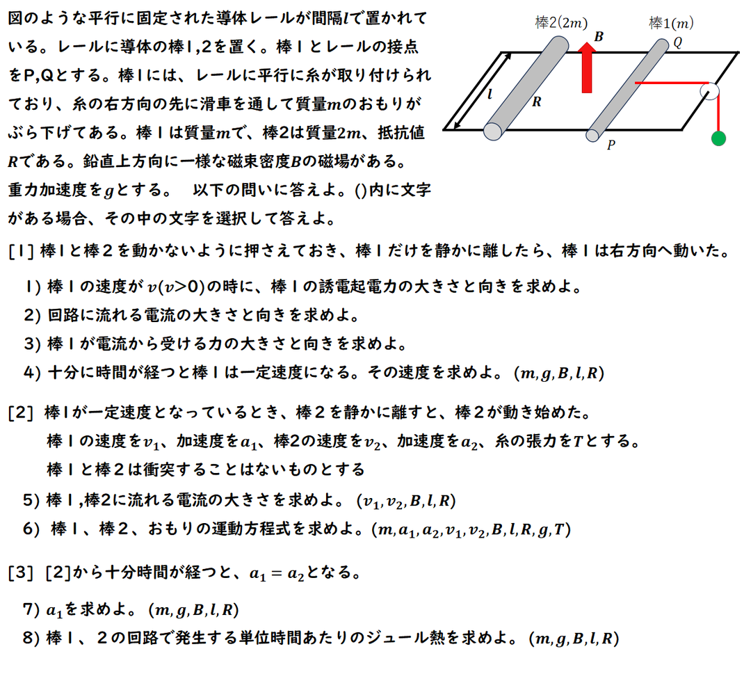 高校物理 電磁誘導 誘導起電力標準問題（平行レール２本）