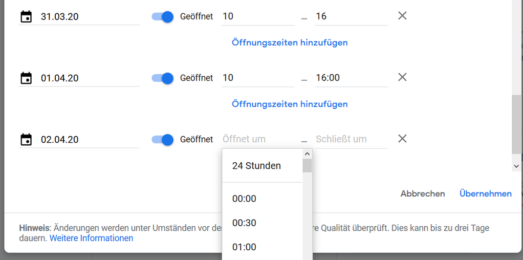 Screenshot: Spezielle Öffnungszeiten einstellen in Google MyBusiness