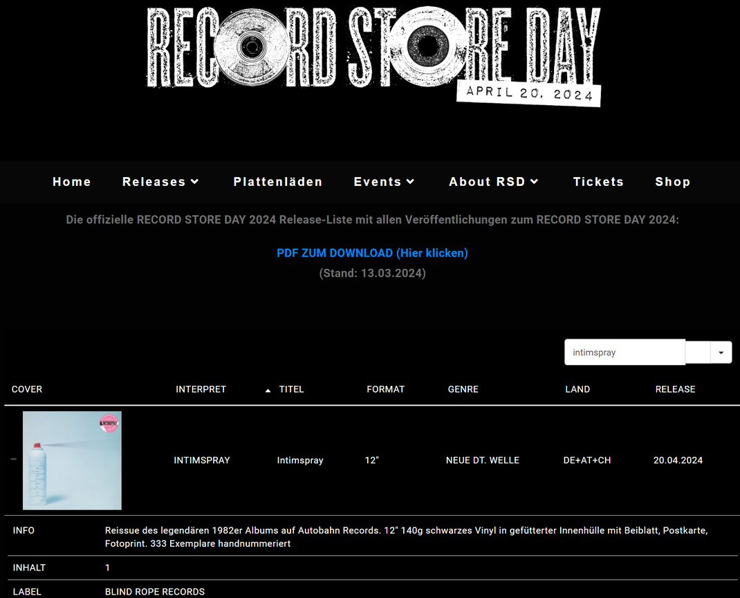 Anlässlich des Record Store Day 2024 veröffentlicht Blind Rope Records exklusiv 333 handnummerierte Exemplare des ersten Intimspray Albums als Reissue! 