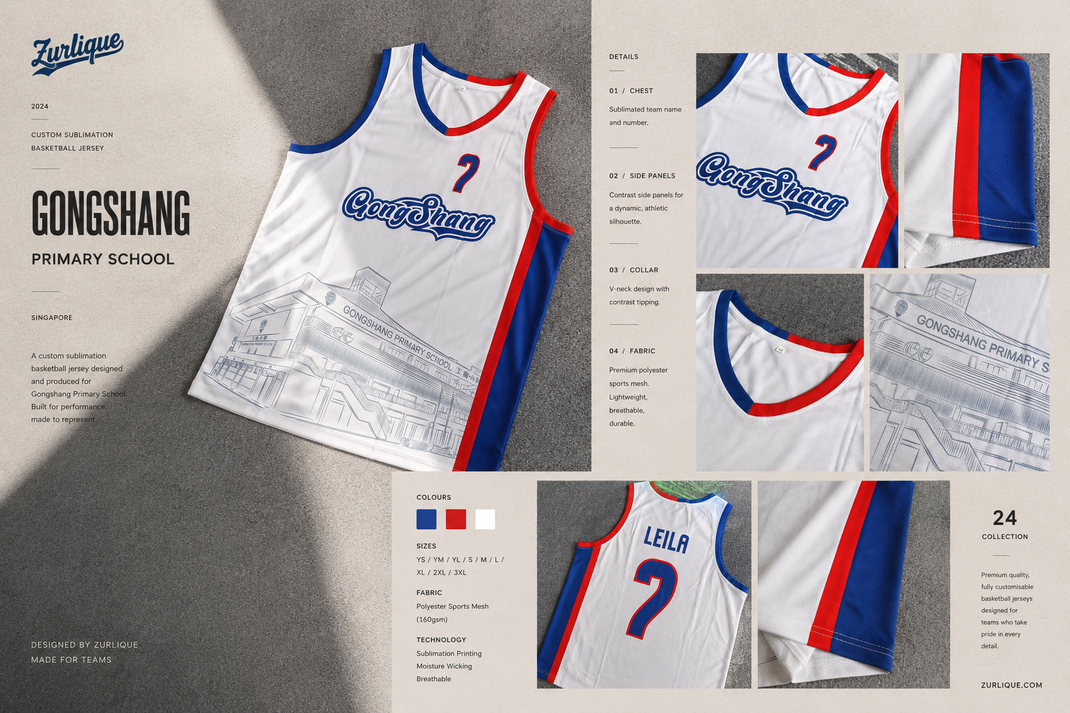 Custom GongShang Primary basketball jersey by Zurlique in white, blue and red with school building sublimation artwork, front and back views with detailed close-up panels.