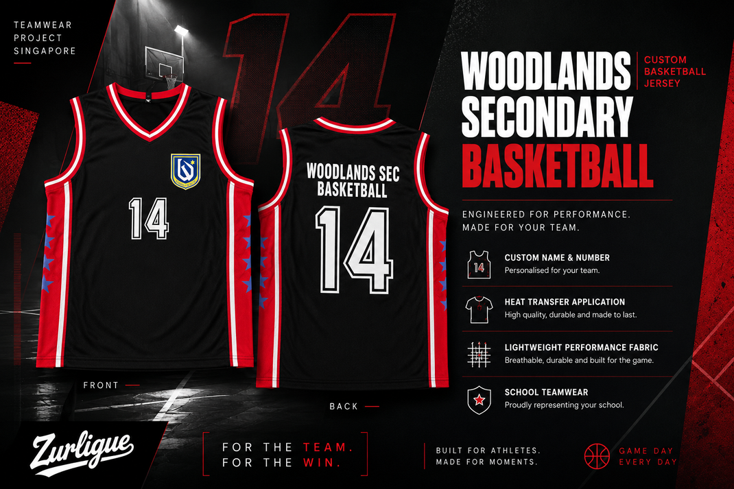 Woodlands Secondary School custom basketball jersey presentation board in black and red with front and back jersey views in premium sports editorial style.