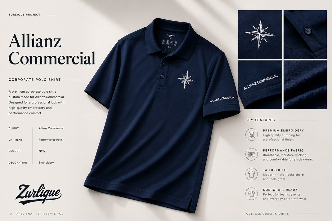 Allianz Commercial custom navy corporate polo shirt with embroidery and sleeve logo printing by Zurlique Singapore
