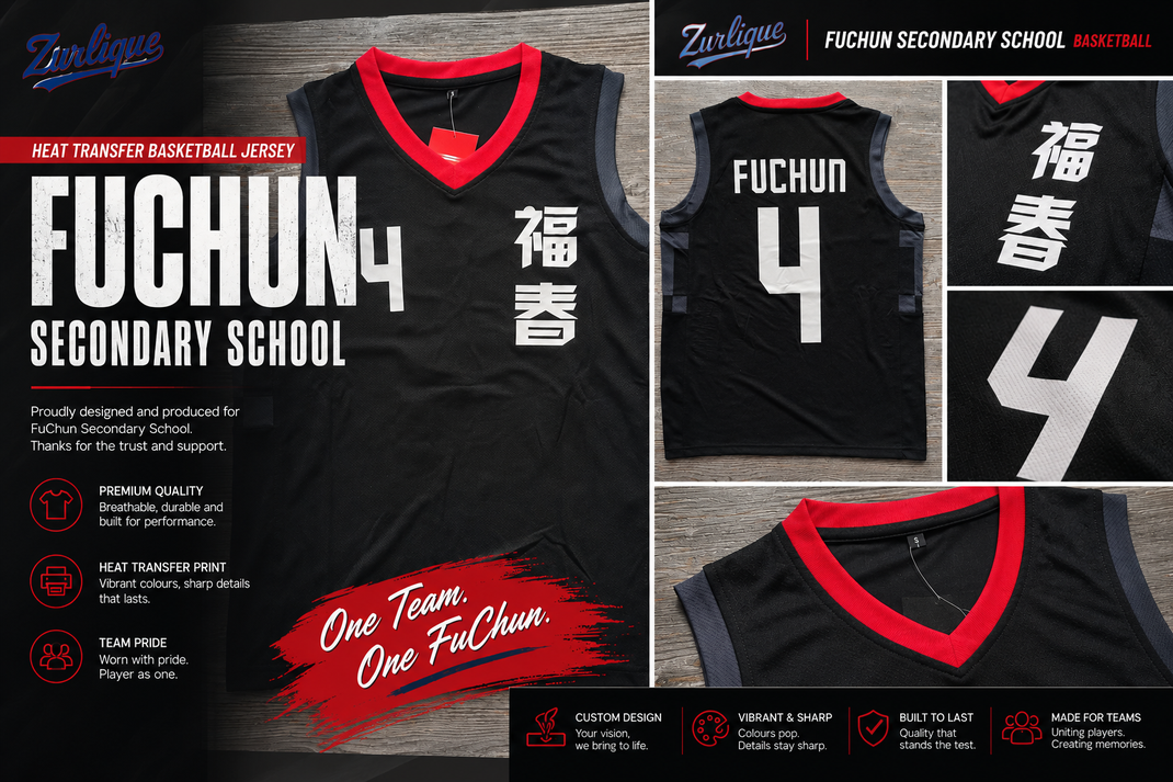 Custom heat transfer basketball jersey for FuChun Secondary School in Singapore with player name and number printing
