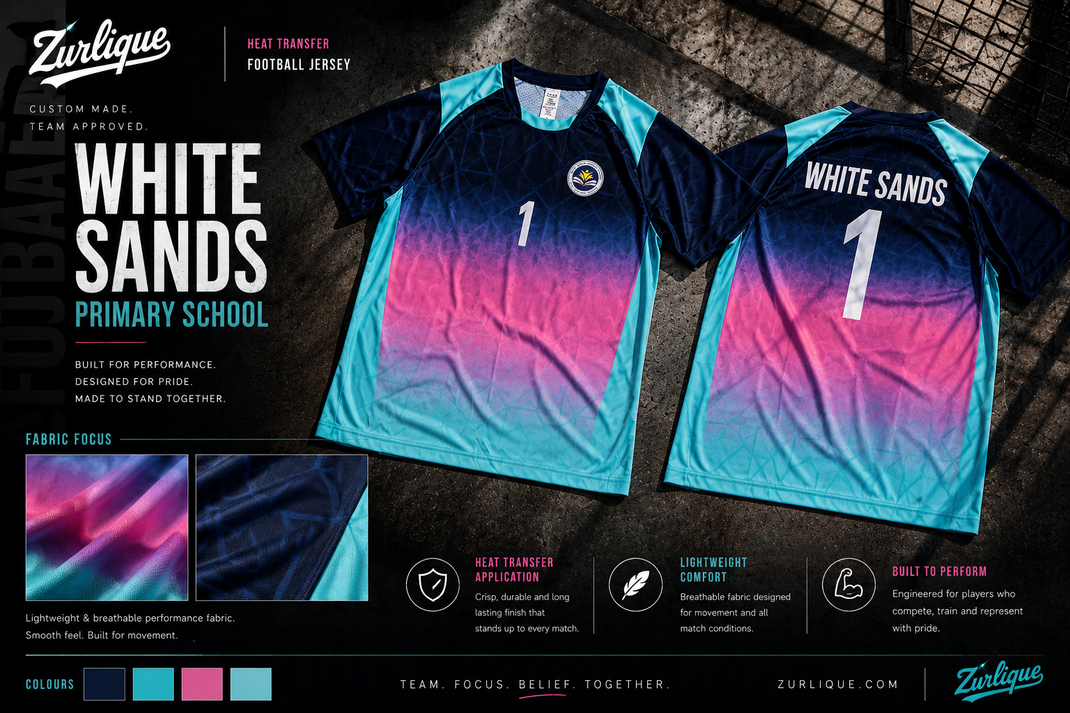 White Sands Primary School custom football jersey heat transfer presentation board by Zurlique
