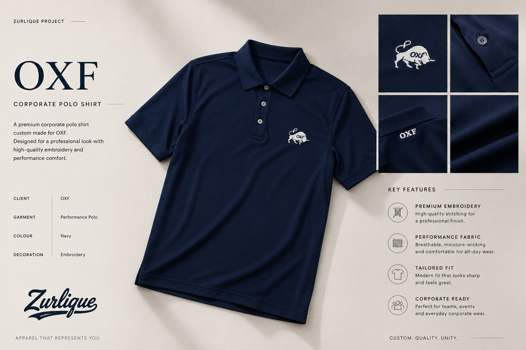 OXF custom navy corporate polo shirt with embroidered logo by Zurlique Singapore