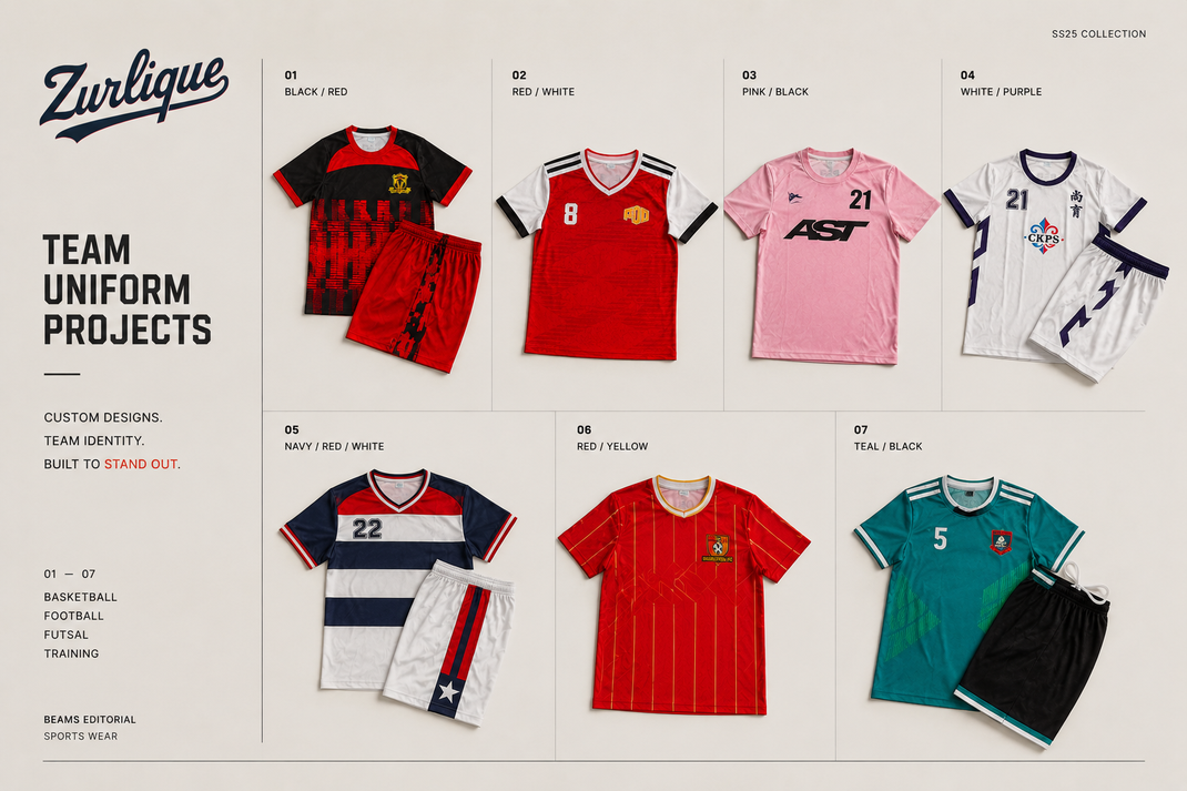 Zurlique custom sublimation football and team uniform projects in BEAMS-inspired editorial layout featuring premium jersey designs for schools, sports teams and corporate events in Singapore.
